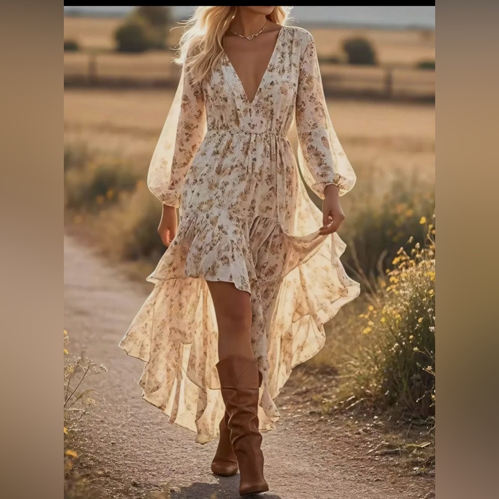 Floral V-Neck Maxi Dress high low